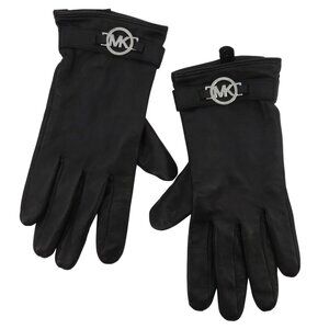 Michael Kors MK Women Extra Large XL Black Leather Gloves Silver Tone Metal Logo